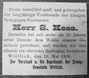 Todesanzeige des Firmengründers Samuel Hess Wittlicher Kreisblatt 1908 250