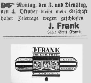 unten: das Logo der Firma "Emil Frank" Ladenlogo Frank Geschäftsschließung 374